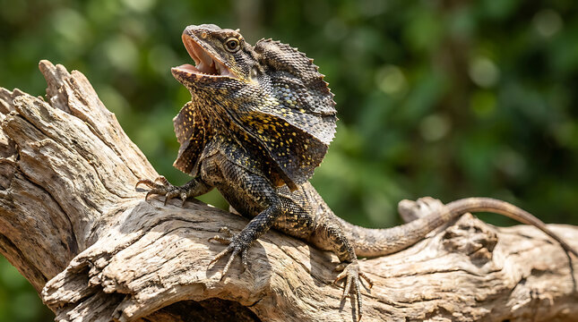 A magnificent frilled lizard sits perched proudly upon an old weathered wooden log inside a vibrant rainforest habitat while showcasing its colorful neck ruff and open jaws for defense