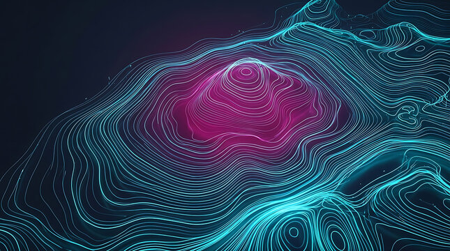 Futuristic topography lines glowing with vibrant cyan and magenta colors create a stunning digital landscape representing geographic data mapping and virtual reality simulation environments