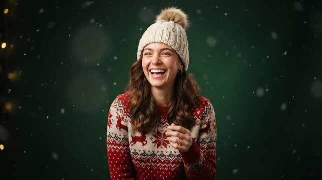 Joyful Winter Moment: A young woman with a warm smile and a cozy knitted hat laughs heartily, dressed in a festive holiday sweater.