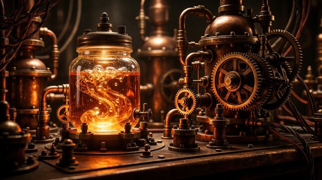 Steampunk lab jar holds glowing orange liquid. Intricate brass pipes, gears, and wires form complex machinery. Retro industrial invention in detailed workshop.
