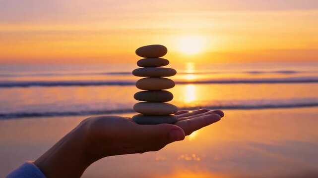 Hand holds stones balanced against golden sunset. Ocean waves roll gently in the background. Soft light paints the sky in warm tones. Calming moment suggests peace and balance. Ideal for mindfulness