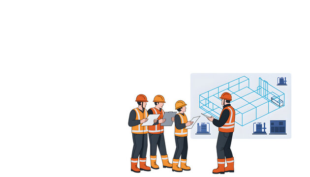Construction Workers and Engineers Discussing Architectural Blueprints for Building Project