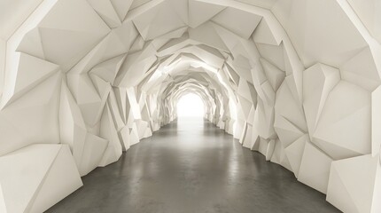 Fototapeta premium Modern tunnel with white geometric walls and soft glowing light at the end of the pathway