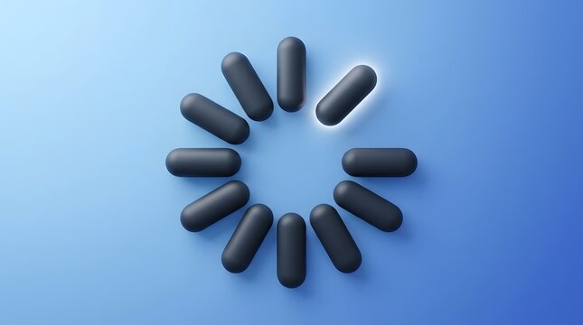 3d loading icon with dark rounded shapes arranged in a circle on a blue background representing digital progress and data processing activity