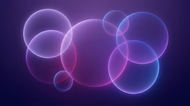 Abstract purple background with glowing circles and transparent bubbles floating in a dark space for modern graphic design and digital art projects
