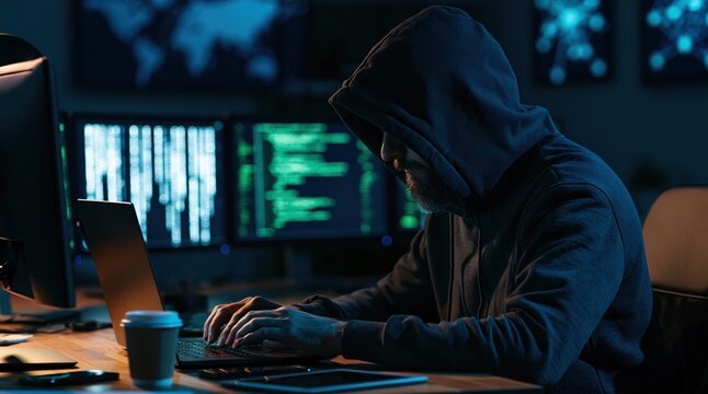 Hooded hacker typing on laptop in dark office with code screens and cyber security concept