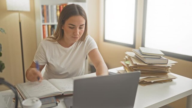 Young woman studying, writing notes with hands on a laptop and open book at a desk in a study with stacked folders and lamp; concentration productivity.