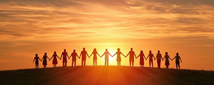 Silhouetted group of people holding hands on hill at sunset, unity and teamwork concept