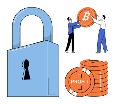 Large padlock with bitcoin and coin stack vector illustration. Digital finance, investment security, wealth management, crypto protection, business growth, savings strategy. Secure vault lock