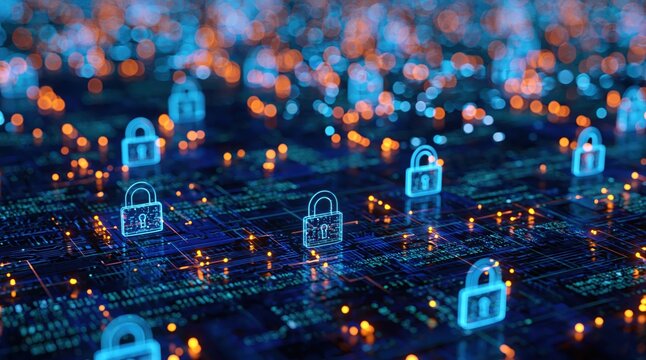 Cybersecurity network with glowing padlock icons on digital circuit board background