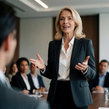 A confident woman leads a business meeting, gesturing while speaking. Colleagues listen attentively in a boardroom setting. Focus is on her assertive communication and leadership skills.