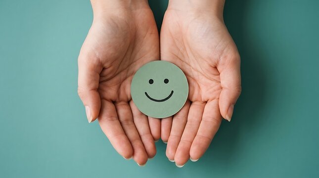 Human hands holding a green smiley face icon