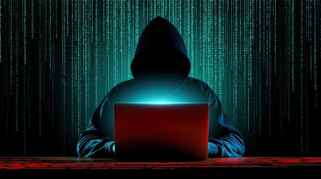 Hooded hacker using laptop with digital code background in dark cyber security scene