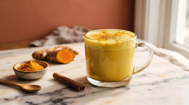 Golden milk turmeric latte in a glass mug with fresh turmeric root, powder, and a cinnamon stick on a marble surface