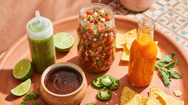 Assorted mexican salsas, pico de gallo, lime wedges, and tortilla chips arranged on a rustic terracotta plate