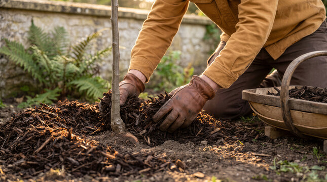 Gardener spreading organic wood mulch around the base of a young tree in a garden