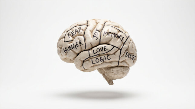 Human brain model with handdrawn labels for emotions and cognitive functions isolated on white background