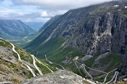 Serpentine curves of Trollstigen - mountain road in Norway&rsquo;s M&oslash;re og Romsdal county. Road connects &Aring;ndalsnes and Valldal. Norway. 
