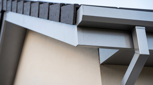 Modern roof eaves with metal gutter and downspout detail on a residential building