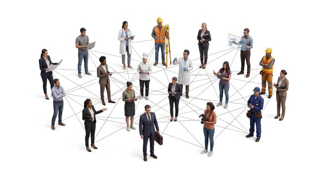 Diverse professionals standing together in an open office, symbolizing networking, collaboration, community, teamwork, leadership, and connected business relationships.