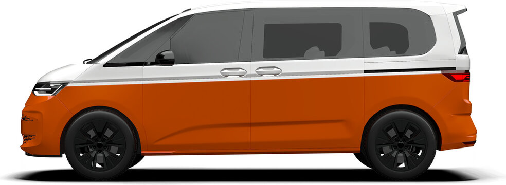 Modern Orange and White Passenger Minivan -  Side View