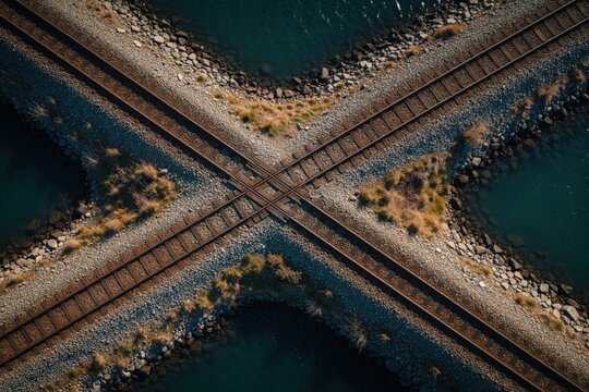 Aerial view of railroad tracks forming an X shape across rocky terrain next to dark blue water. This represents a choice point, a junction, or a destination for travel and transit.