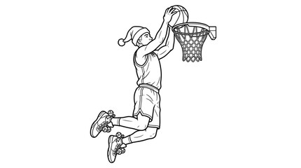 Basketball player in mid-air dunking ball, wearing Santa hat, line art illustration © mohammad