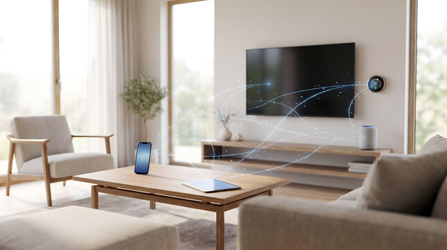 Smart home technology connecting devices in a living room with glowing digital network lines, tablet, smartphone, and wall-mounted thermostat