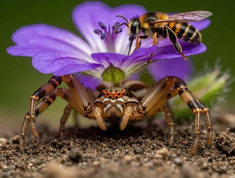 Crab spider lurks on purple flower, ready to strike bee. Insect pollinates bloom unaware of predator hiding, closeup macro shot of nature scene.