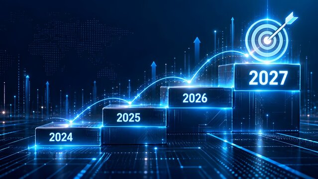 Financial forecasting and business growth steps towards 2027 success target with digital market charts