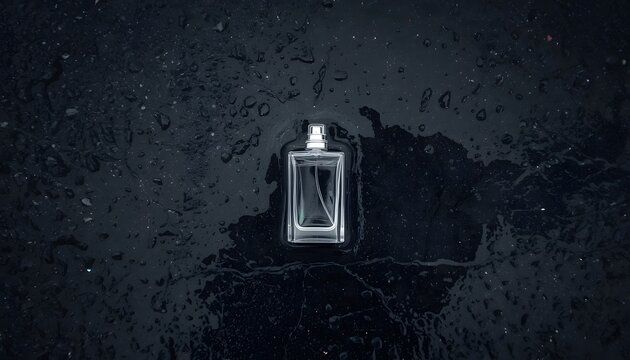 Top view of rectangular glass perfume bottle lying on wet asphalt with iridescent oil slick film