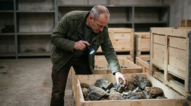 Buyer Inspecting a Batch of Raw Materials with a Flashlight - Procurement and Supply Chain Stock Photo