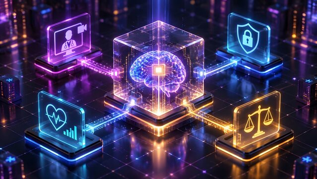 Transparent digital brain cube connecting to glowing monitors showing healthcare security and legal icons
