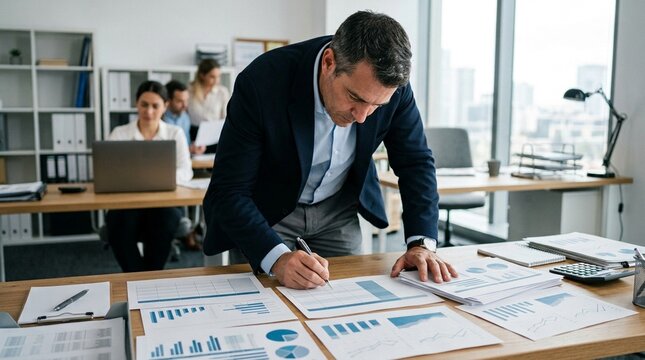 Procurement Manager Leaning over a Desk Reviewing Bid Comparisons - Procurement and Supply Chain Stock Photo