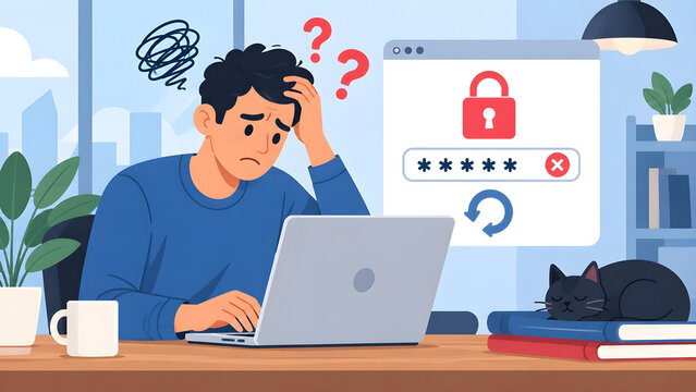 Flat vector illustration of a frustrated man unable to access his online account after forgetting a password, featuring laptop, password screen, lock icon, and sleeping cat.