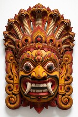 Fototapeta premium Intricate Sri Lankan mask crafted from wood. Features multiple cobra heads, fierce eyes, and fangs. Traditional yellow red and black colors adorn this cultural artifact. Used for dance or ceremony.