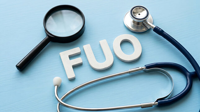 A medical stethoscope and magnifying glass are arranged beside the letters FUO representing fever of unknown origin condition on a flat blue surface during clinical examination preparation