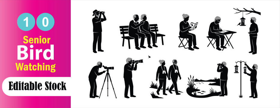 Senior bird watching elderly people outdoor hobby nature photography wildlife spotting vector