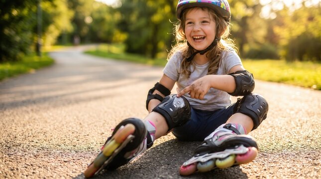 Laughing young girl sitting on park path in rollerblades and safety gear, capturing joyful childhood resilience and active outdoor play for family wellness and sports marketing.