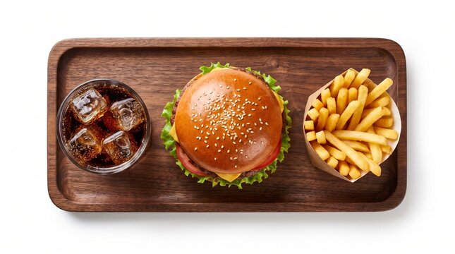 Beef burger combo meal with golden french fries and glass of iced cola on wooden serving tray for restaurant marketing and fast food advertising materials isolated on white background setup