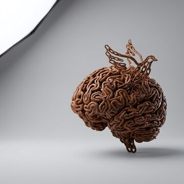 A weathered rusted iron sculpture of a human brain with a linked metal bird taking flight represents the intricate connection between cognitive liberation and creative thought