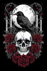 Fototapeta premium Gothic raven with skull and red roses