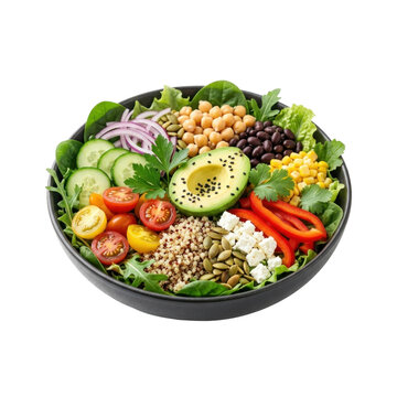 Healthy Vegan Buddha Bowl: Fresh Salad with Avocado, Quinoa, Vegetables, Feta
