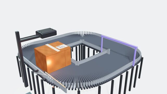Ultra realistic 3D visualization of an automated parcel sorting system where a shipping package is scanned, identified, mechanically redirected and transferred to a dedicated delivery conveyor.