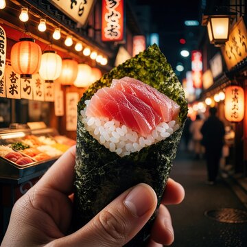 Hand holds tuna temaki sushi cone. Night street food market in Japan with glowing lanterns. Delicious Japanese cuisine, fresh raw fish and rice.