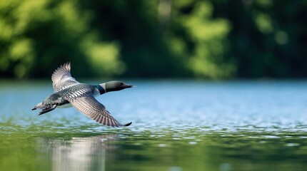 Fototapeta premium A common loon bird flies low over blue water near green trees. Its patterned feathers and wings are spread as it glides. The wild creature shows graceful movement in its natural habitat.
