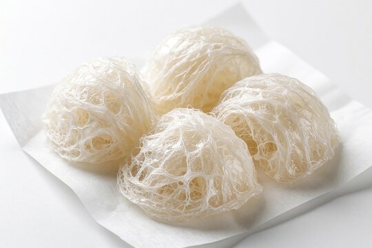 Four raw edible bird nests made from swiftlet saliva sit on white paper. These nests are a prized delicacy in Asian cuisine, known for their health benefits and high nutritional value.