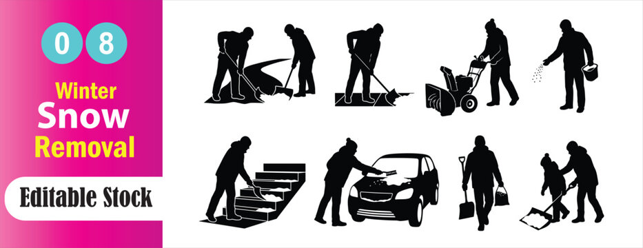 Winter snow removal shoveling snowblower ice melting salt driveway clearing vector set