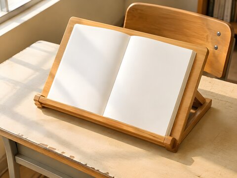 Timber book stand holding an open blank book on a tuition desk with an angled lectern frame