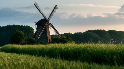 Obraz premium A traditional windmill stands tall in a lush green field under a soft cloudy sky during early morning or late afternoon light